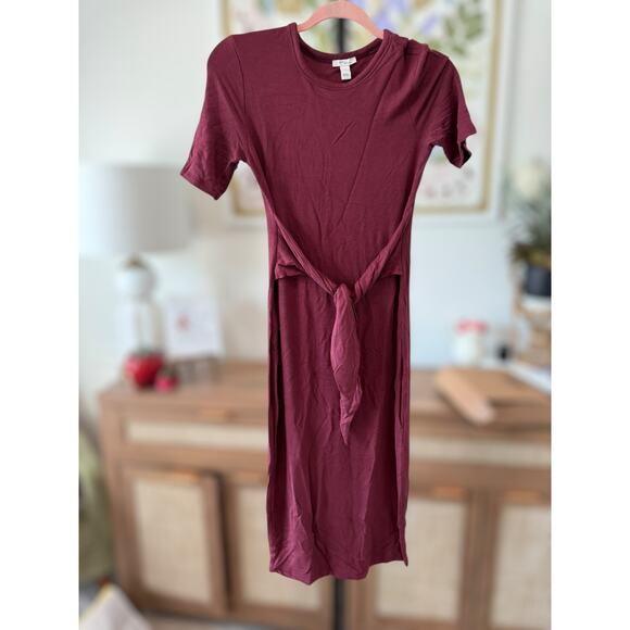 Daily Ritual Supersoft Terry Short-Sleeve Tie-Front Midi Dress Maroon Womens XS - Picture 2 of 10